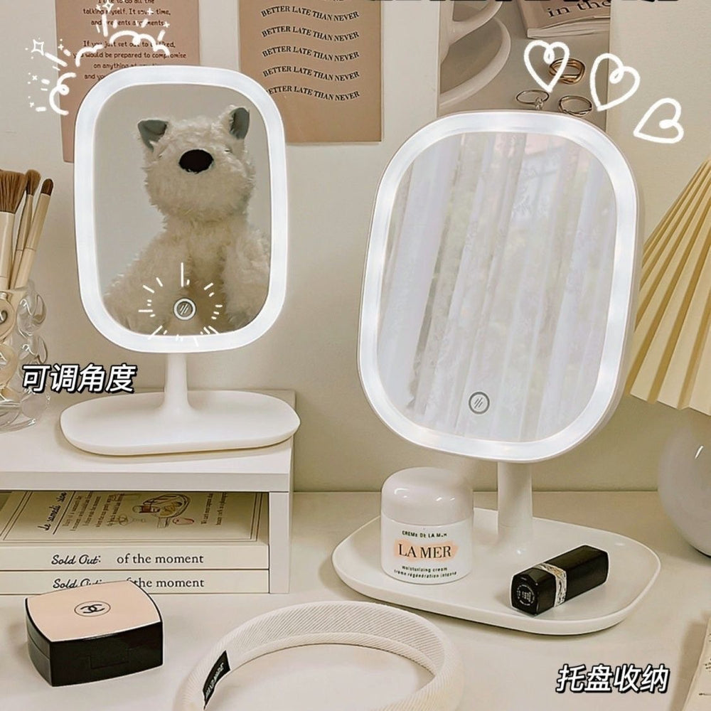 Led makeup mirror - student dorm lighted vanity mirror - desktop tabletop dressing mirror with plastic storage - home table decor