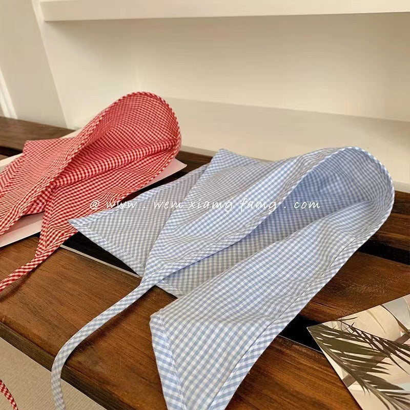 French-style blue plaid bandana, triangle scarf, head wrap for girls, hair tie, women's trendy spring/autumn decorative plaid headband