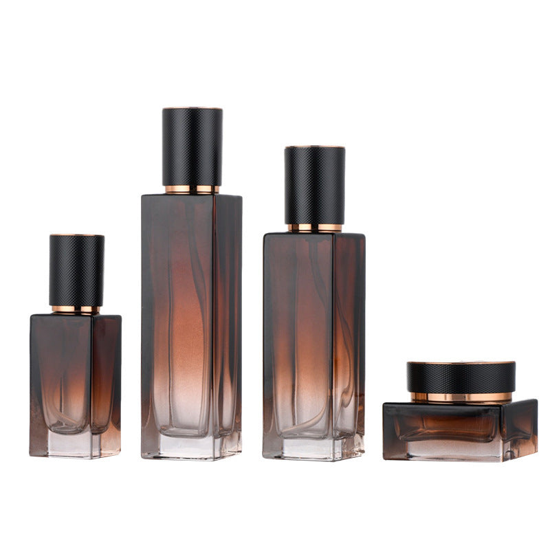 Factory oem customizable glass bottle set: tea, black, skincare, lotion pump head, serum bottle with cap, cream jar