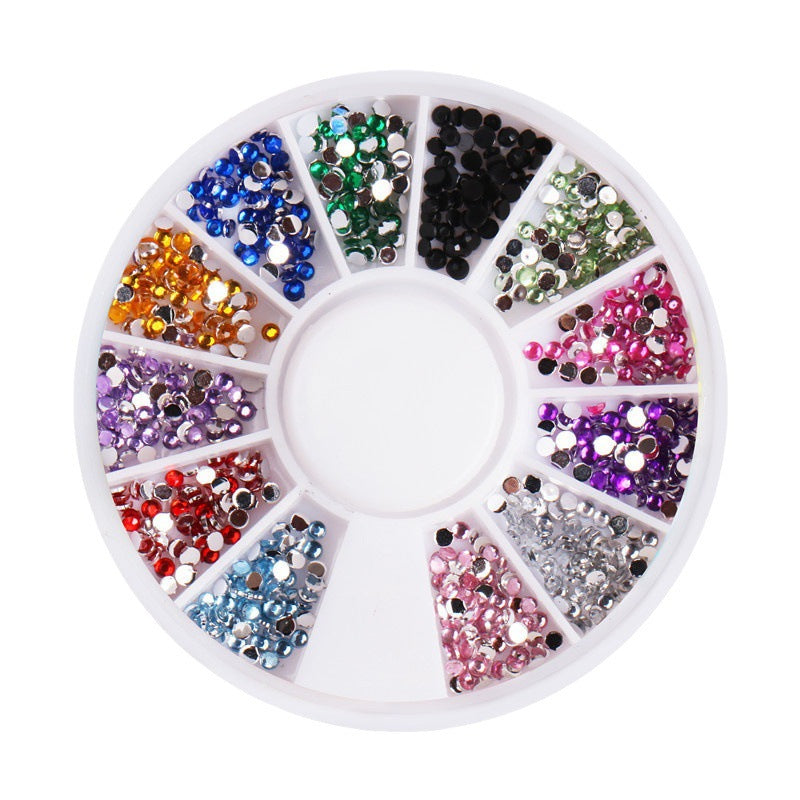 Nail art accessories 12-compartment box set: round disc charms, rhinestones, colored diamonds, pearls, hotfix rhinestones, flatback silver rhinestones - wholesale