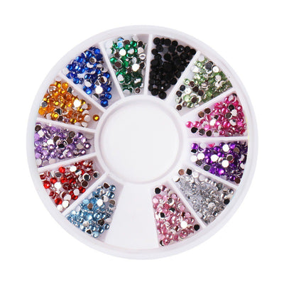 Nail art accessories 12-compartment box set: round disc charms, rhinestones, colored diamonds, pearls, hotfix rhinestones, flatback silver rhinestones - wholesale