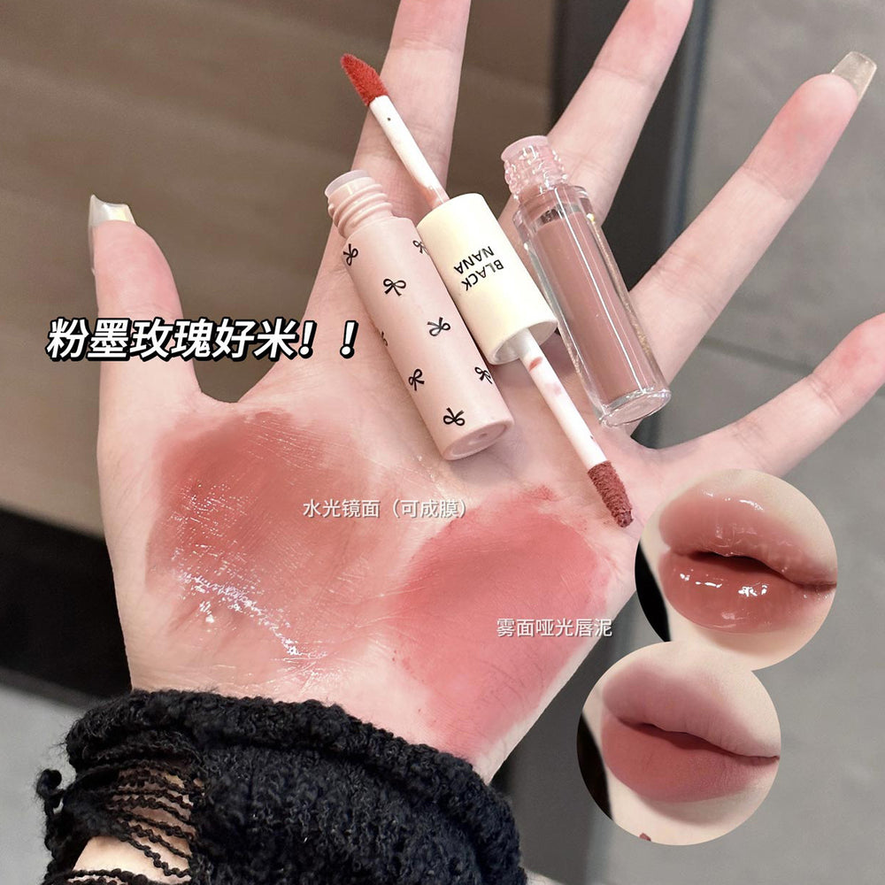 Black nana double-ended lip glaze - pink dew, instant brightening, watery gloss, mirror finish, velvet matte, and creamy lip clay
