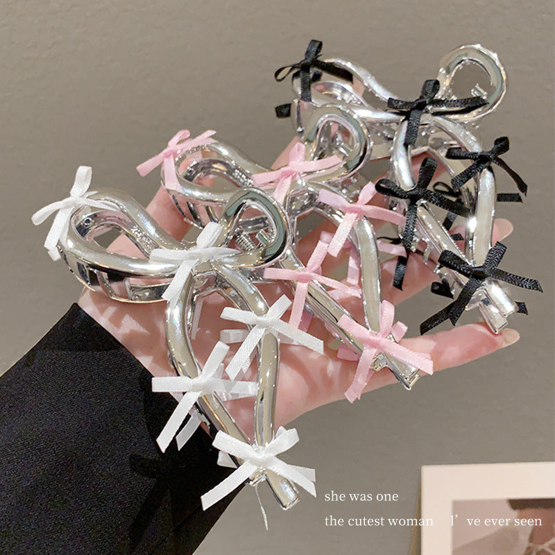 Ballet style ribbon bow gripper 2024 new women's hair clip classy back of head hair shark clip headwear