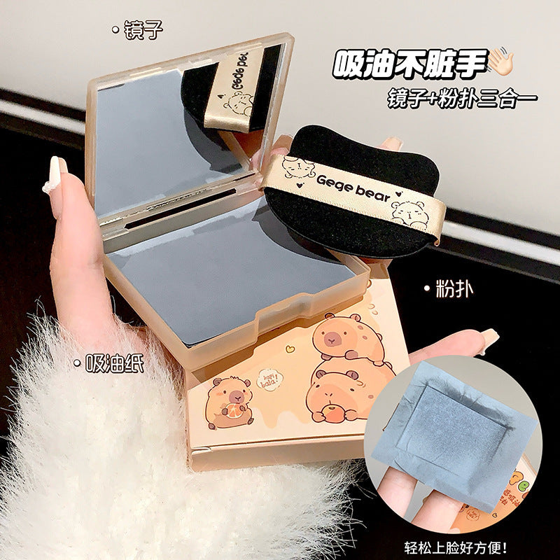 Gege bear cute cloud facial oil-absorbing sheets with built-in puff and makeup mirror - oil control, refreshing, portable for students