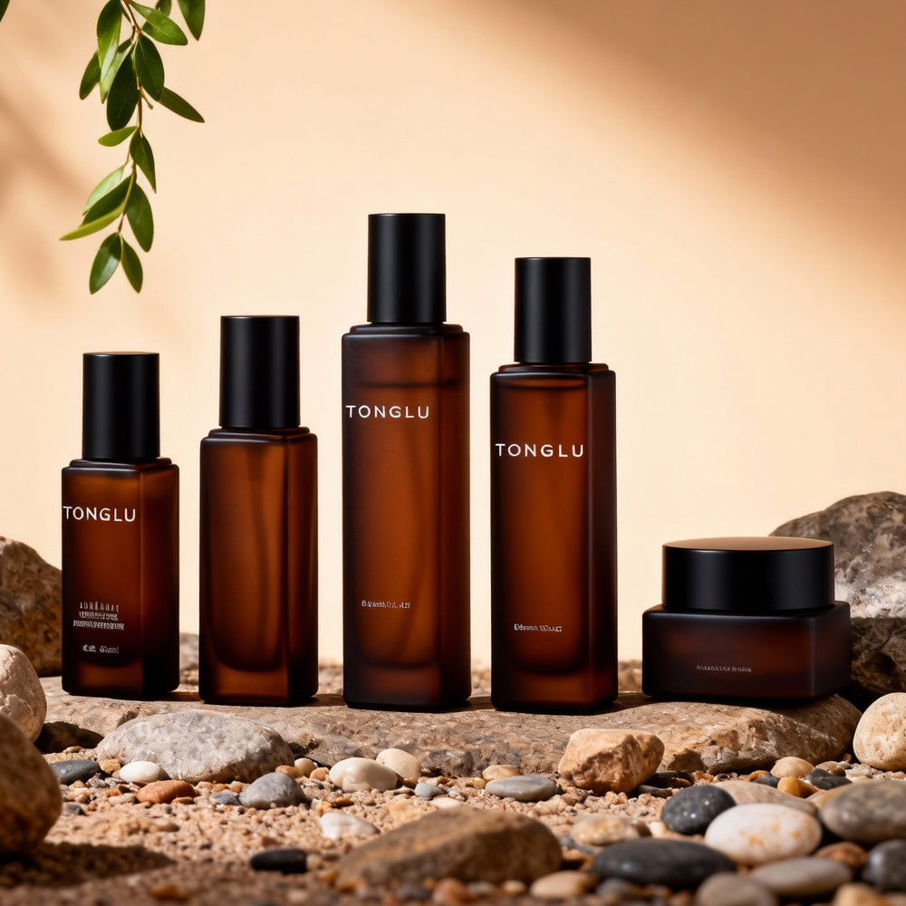 Ready-to-ship cosmetic glass bottle set packaging, including 120ml lotion/serum glass bottles and 50g cream jars, direct from the manufacturer