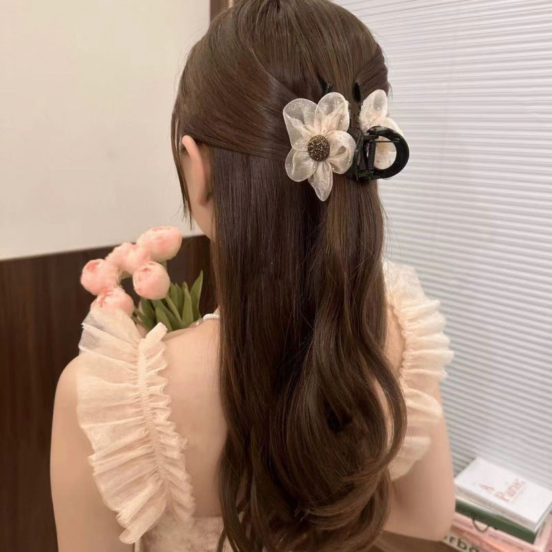 Mesh rhinestone flower clip for women 2024new arrival shark clip half-tied high ponytail hair clip bun hair accessories