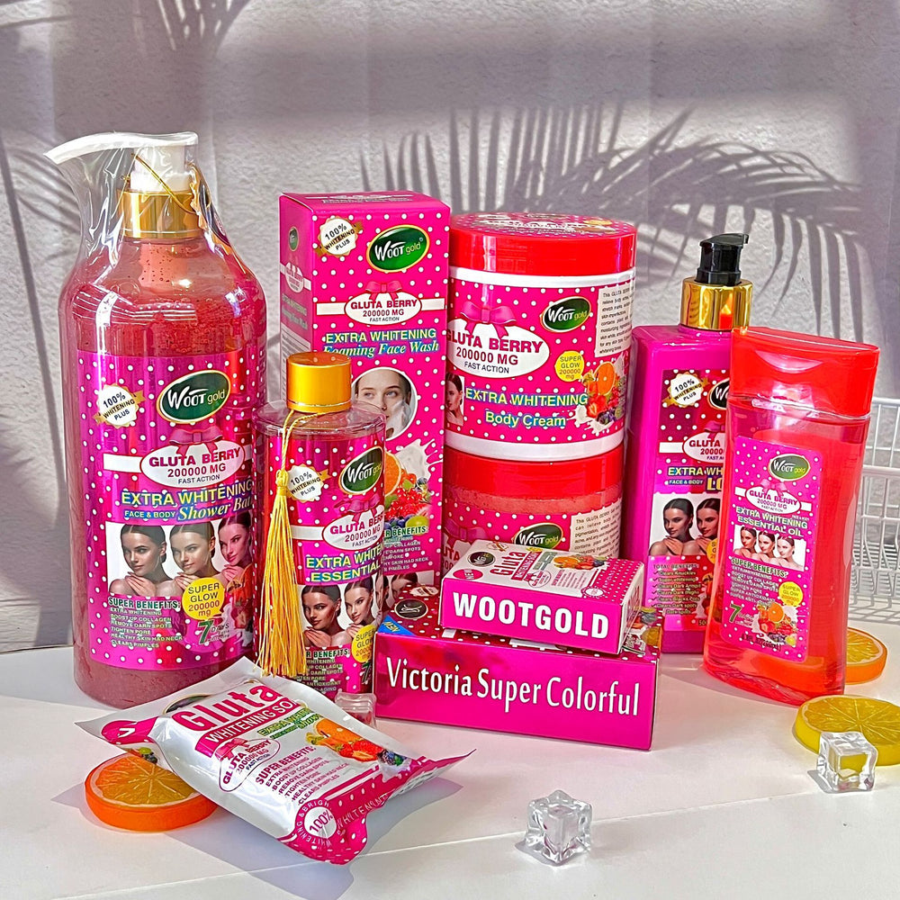export glutathione skincare series: brightening oil, body lotion, face cream, bath salts, soap, and cleanser