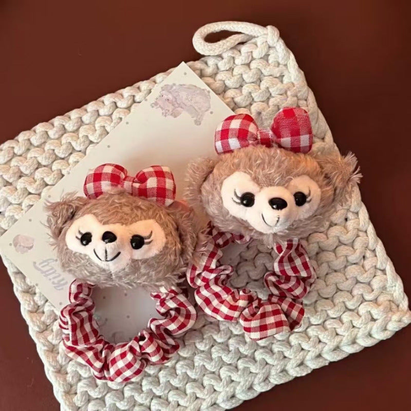 Cute duffy bear & shelliemay hair tie - red plaid hair rope - sweet & girly hair accessories for girls - trendy ins style