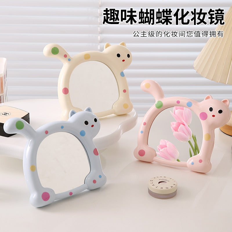 Cute cartoon cat makeup mirror - desktop, foldable, home & dorm room, plastic storage, household glass mirror
