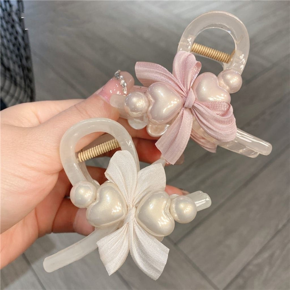 Korean style heart pearl claw clip - ethereal hair clip for women, back of head style, high-end shark clip with bowknot hair accessory