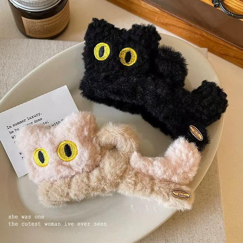 Cartoon cute black cat hairpin stuffed gripper female large fall and winterelegant back shark clip headwear