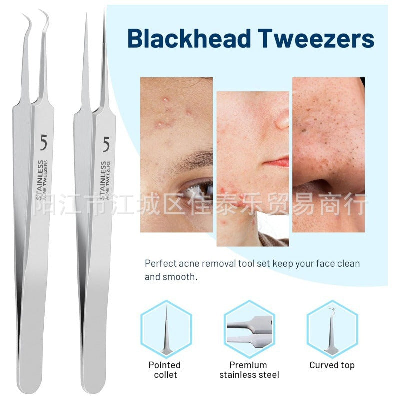 stainless steel oblique eyebrow clip super sharp cell clip straight clip hook clip three-piece set acne needle beauty set