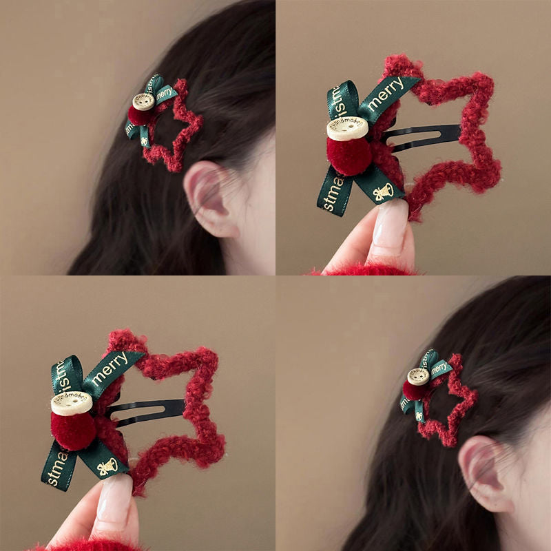 Red star hair clip for women, 2025 new year style, bangs clip, bow edge clip, hair styling tool, christmas hair accessory clip