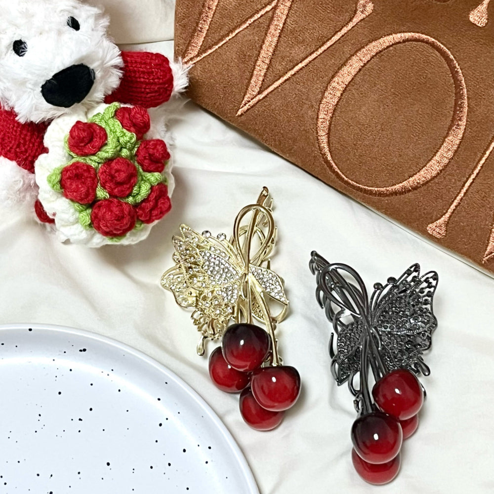 Korean sweet cherry bow hair claw clip - fresh & chic hair styling clip - minimalist & elegant hair accessories for women