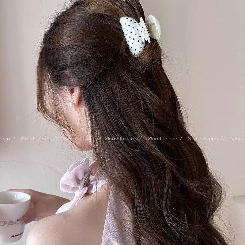 Retro french polka dot champagne color gripper elegant back of the head hair shark clip girl bows one-word clip