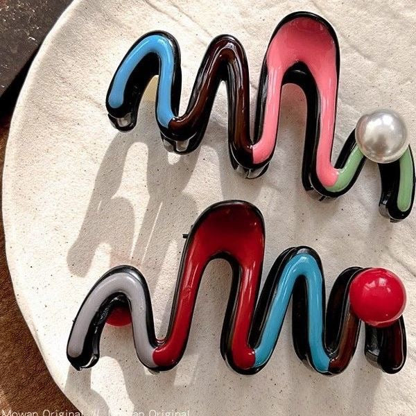 Red and blue contrast color hair clip shark clip hair clip for women's back of head wavy pearl classy clip hair accessories
