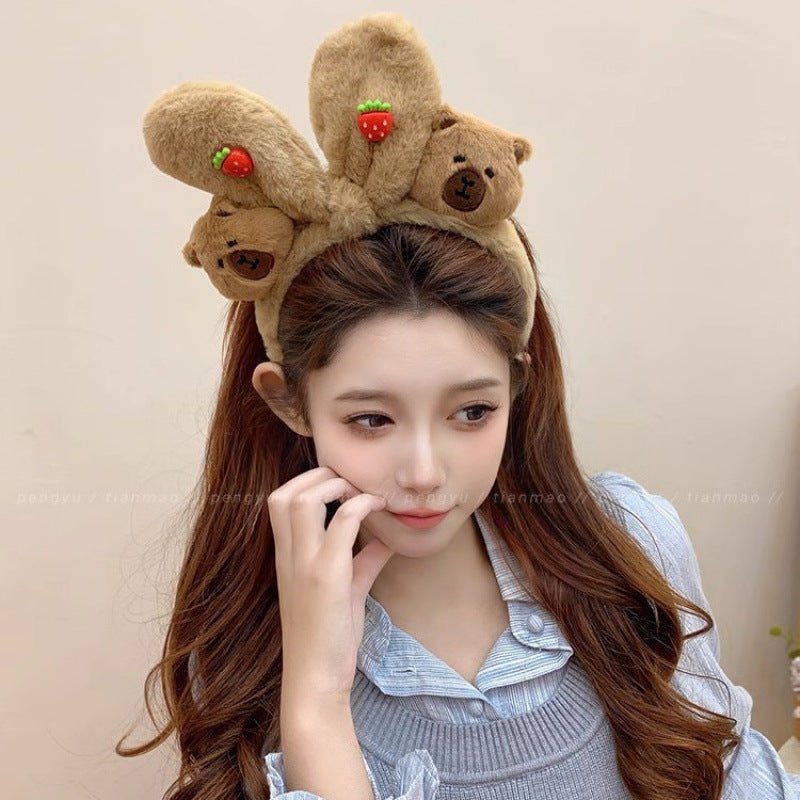 New 3d plush headband for face washing - super cute, sweet, cartoonish, and adorable bear design for women's mask application