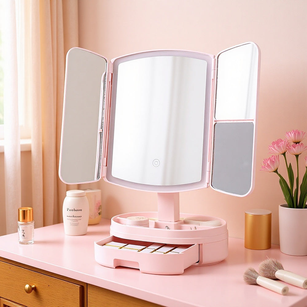 Led makeup mirror with light, rechargeable vanity mirror, desktop rotating fill light mirror, plastic storage, home & living