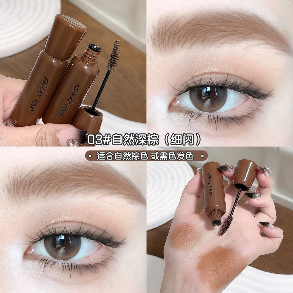 Sweet mint fluffy brow mascara - natural, defined, and root-visible wild brows. long-lasting, waterproof, and sweat-proof. light brown