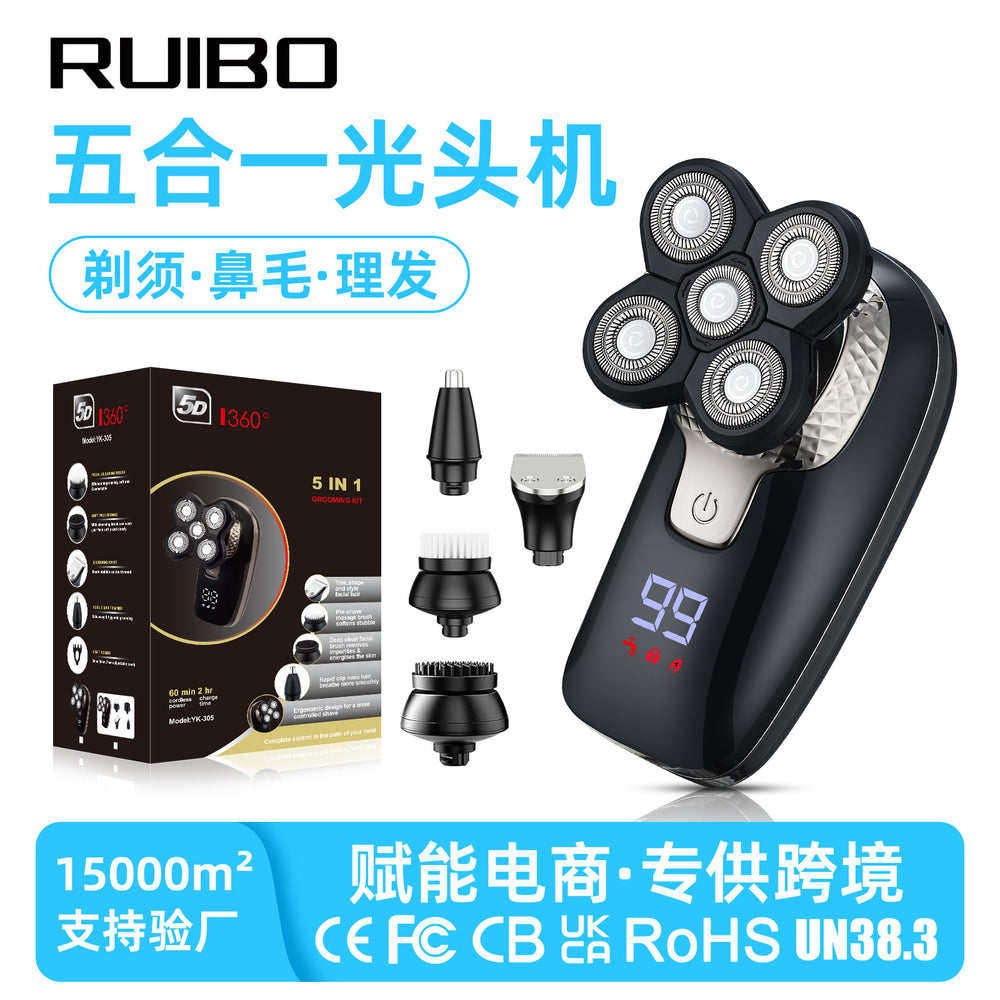 Five-in-one bald head handy gadget five-blade rotate shaver nose hair device bald head machine shaving head washable trimmer