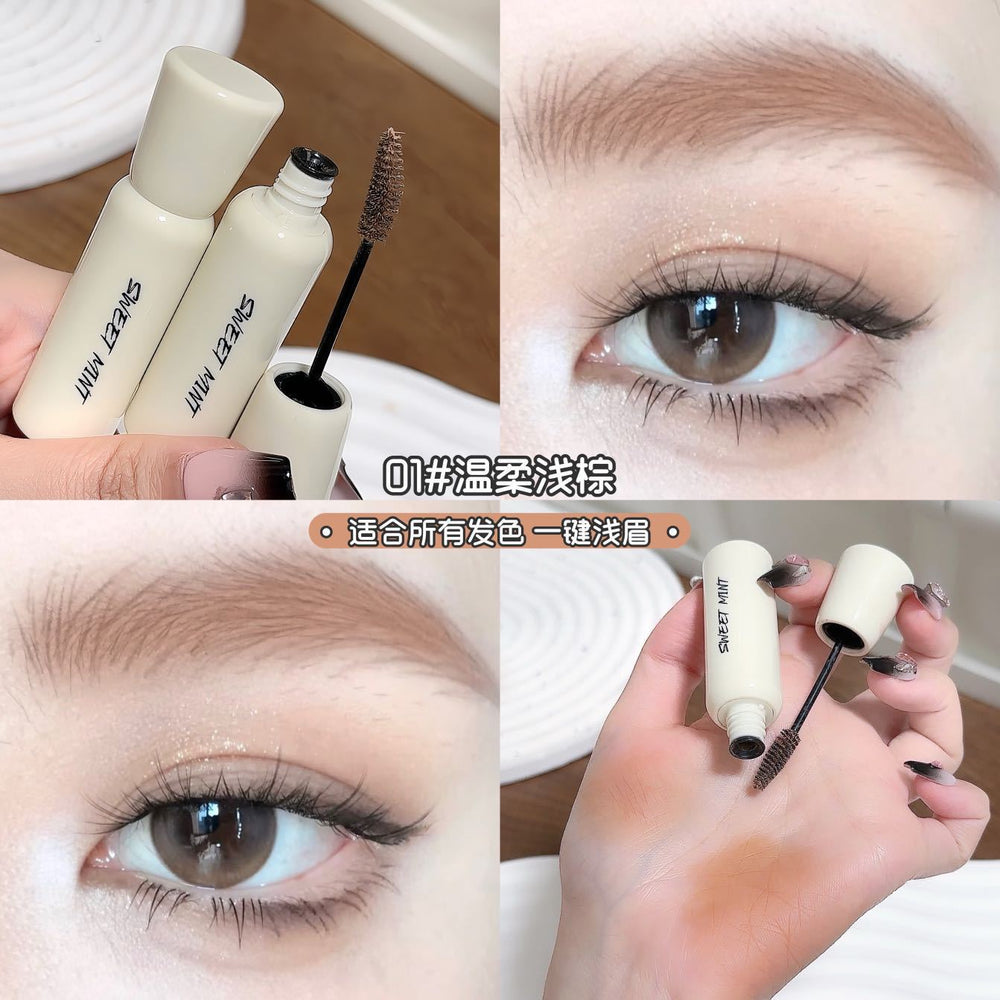 Sweet mint fluffy brow mascara - natural, defined, and root-visible wild brows. long-lasting, waterproof, and sweat-proof. light brown