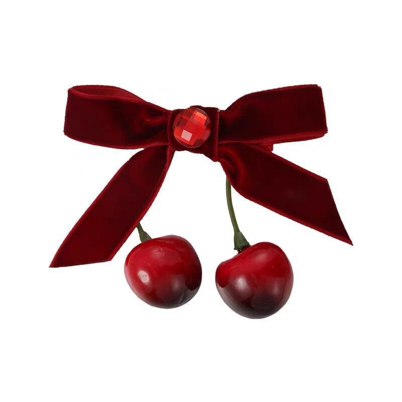 Artificial cherry velvet bow hair clip cute new versatile sweet rhinestone elegant side girl bangs clip