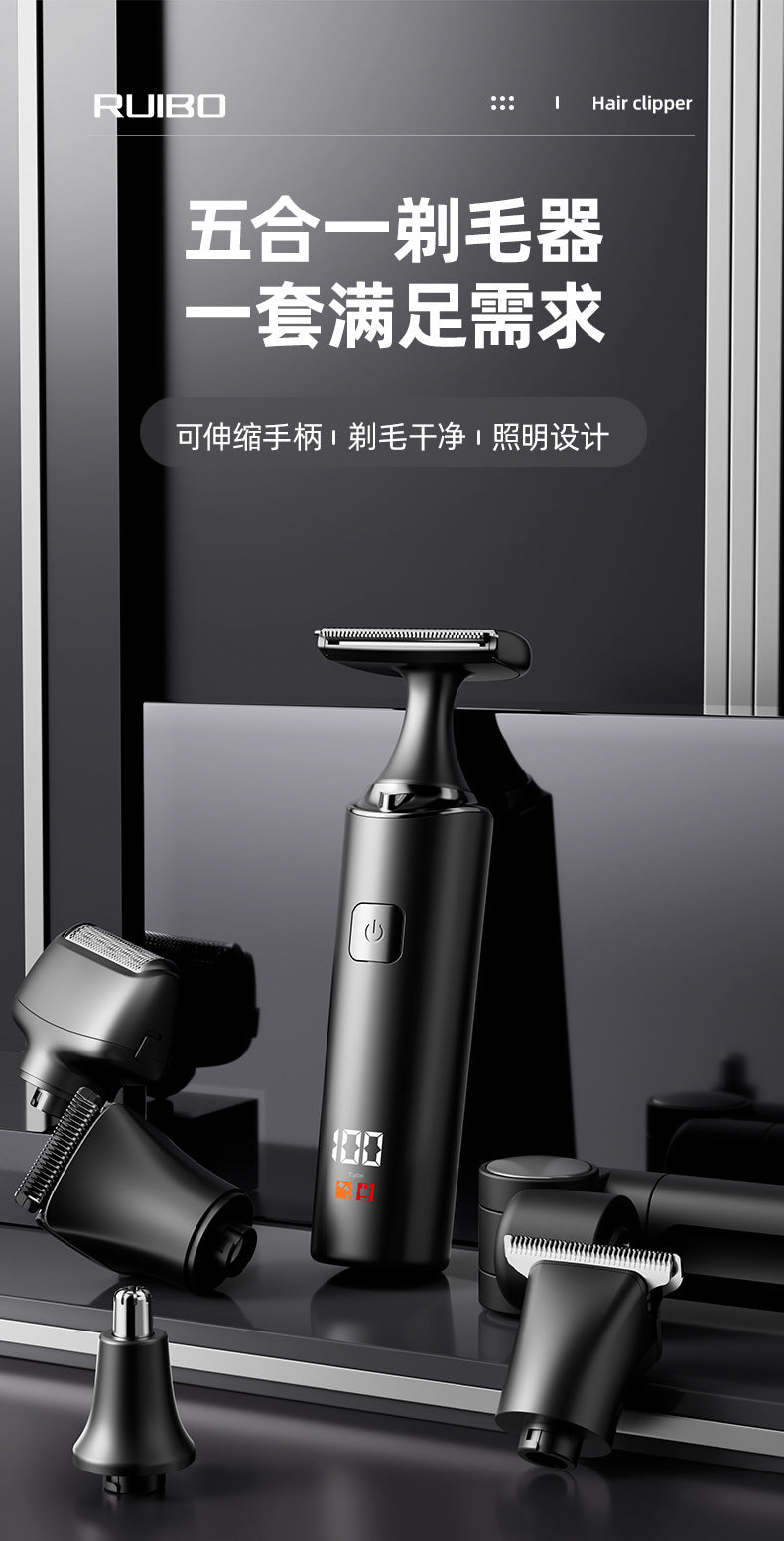 Men's electric personal groomer with long handle - 5-in-1 multifunctional trimmer for back, nose, and body hair