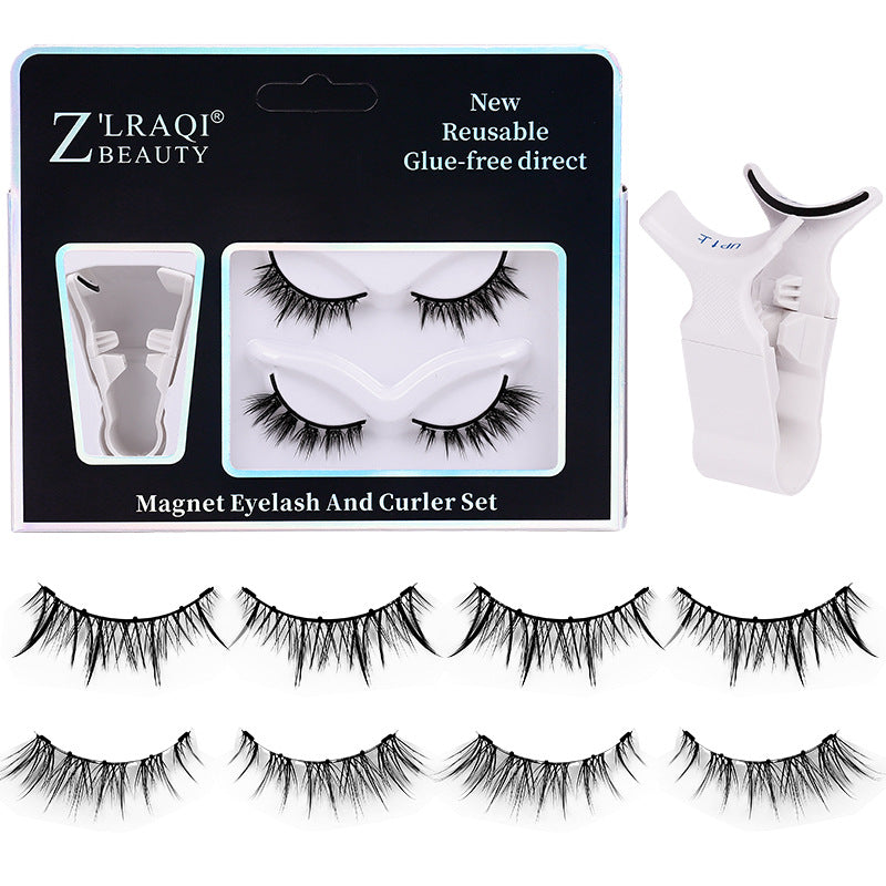 Pingdu magnetic false eyelashes all-in-one box cross-border fashion thick 2 pairs black stem eyelash curler set factory wholesale