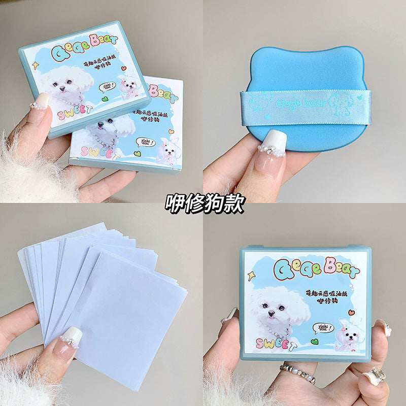 Gege bear cute cloud facial oil-absorbing sheets with built-in puff and makeup mirror - oil control, refreshing, portable for students