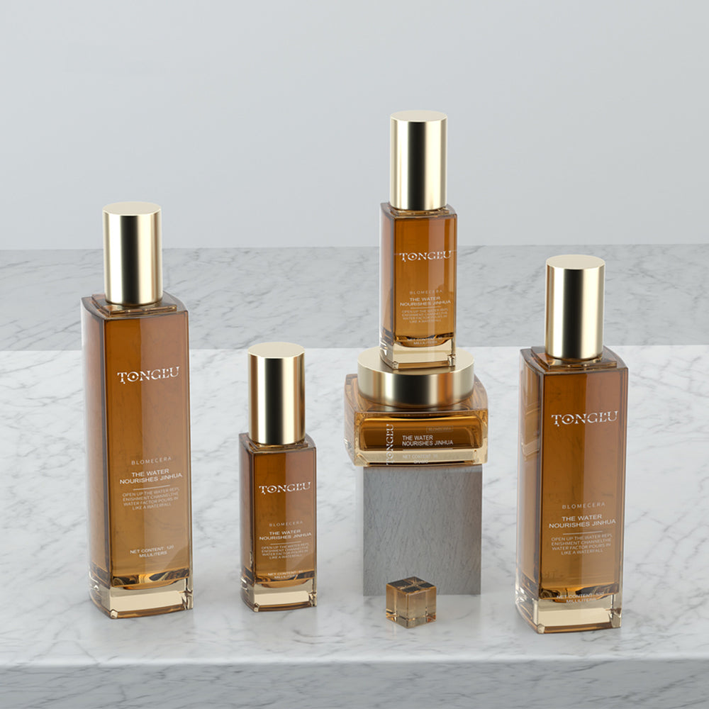 Ready-to-ship cosmetic glass bottle set packaging, including 120ml pump lotion/essential oil dispensing bottles and 50g skincare cream jars