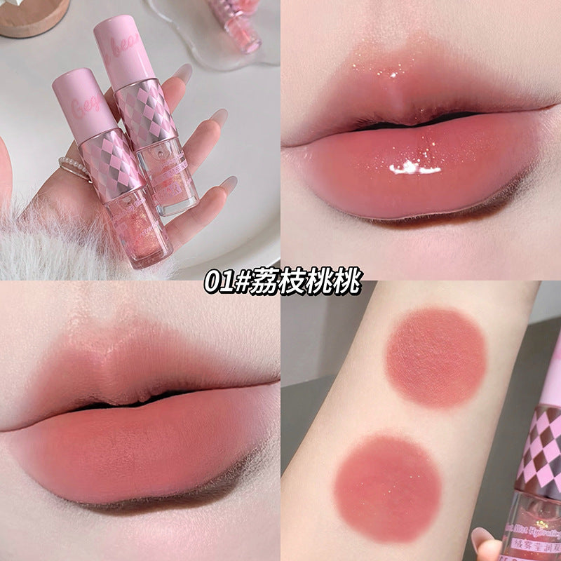 Gege bear velvet mist double-ended lip glaze - matte, shimmer, and glossy lipstick for a flawless, brightening finish