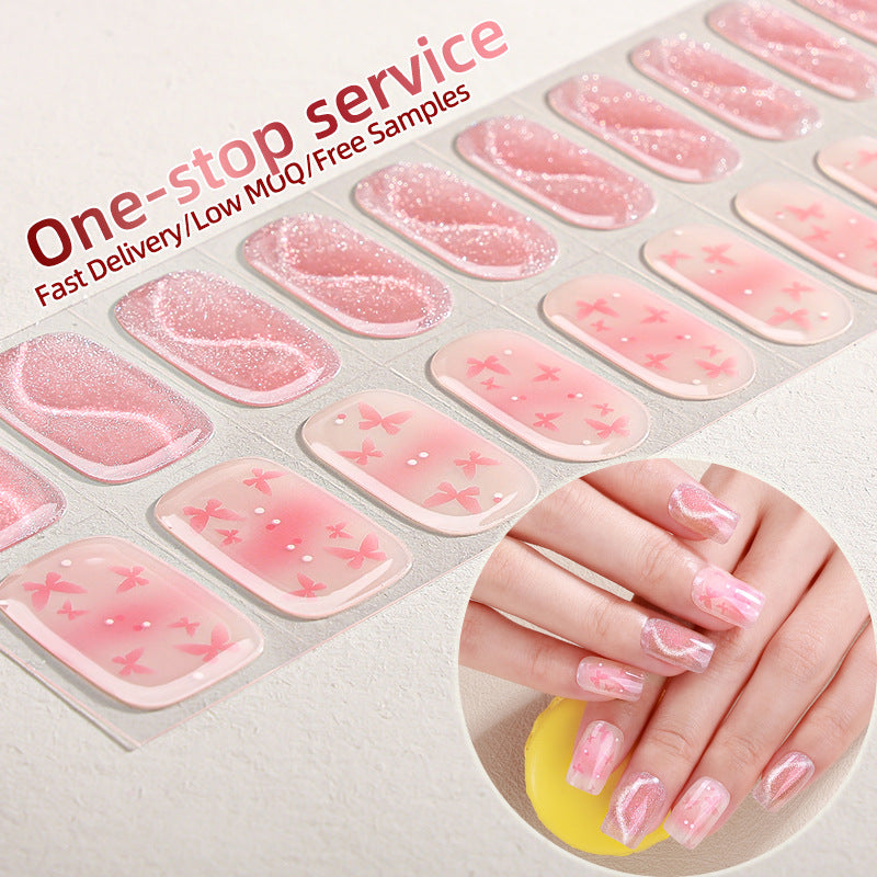 fashion cat eye semi-cured gel nail sticker onion powder explosive pink butterfly nail art sticker full waterproof
