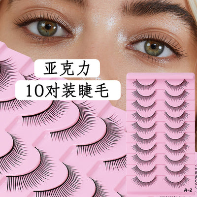 Fake eyelashes - no glue needed, 10 pairs acrylic natural simulation black stem thin stem comic eyelashes, one-piece cosplay makeup