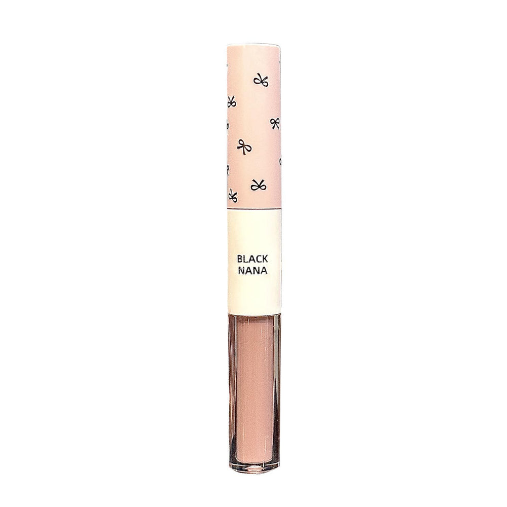 Black nana double-ended lip glaze - pink dew, instant brightening, watery gloss, mirror finish, velvet matte, and creamy lip clay