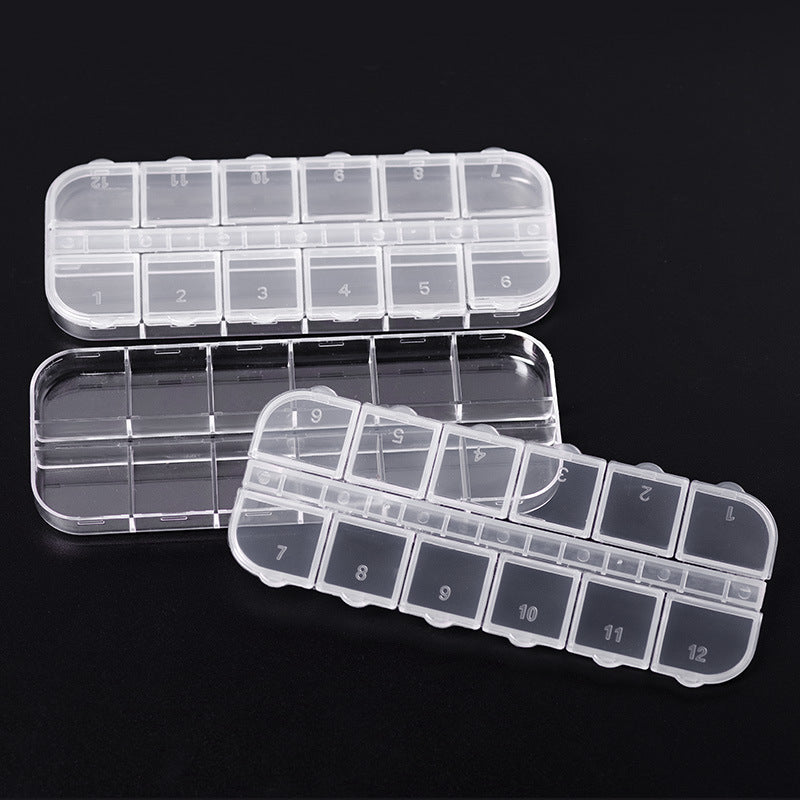 Nail art 12-compartment long storage box - clear acrylic jewelry rhinestone organizer - wholesale from manufacturer