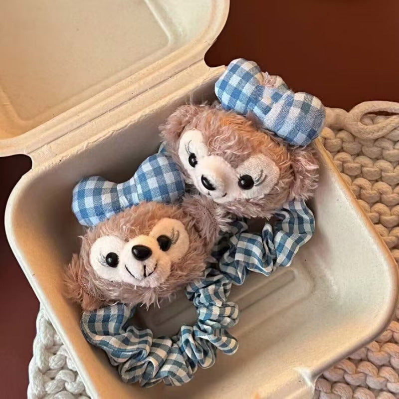 Cute duffy bear & shelliemay hair tie - red plaid hair rope - sweet & girly hair accessories for girls - trendy ins style