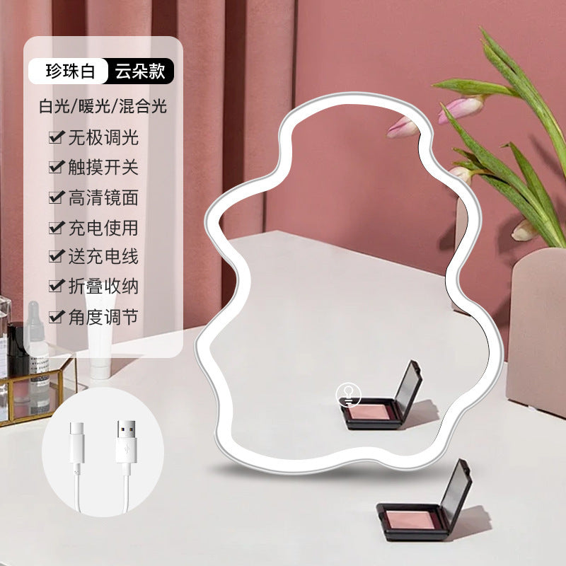 Custom-shaped hd led makeup mirror with lights, home use, three-tone dimming, plastic folding standing storage beauty mirror