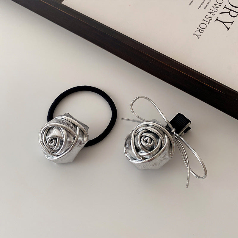 Casual leather rose flower hairpin k-style flower hair tie high ponytail hair rope side broken hair hairpin female headwear
