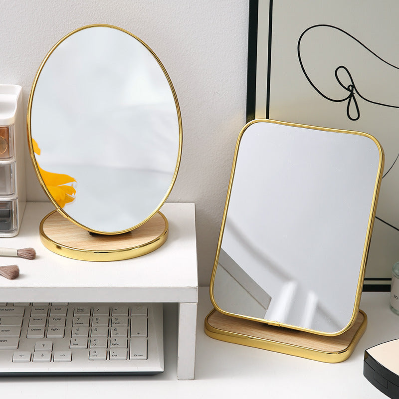 Wooden makeup mirror with metal trim - foldable, desktop, portable, home beauty, touch-up, princess style, household mirror