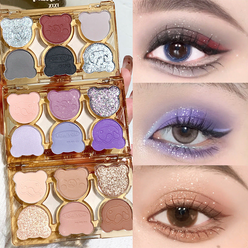 Makeup xixi working bear six-color eyeshadow palette cool diamond pink purple blue contrast color imitation makeup smoky eye makeup