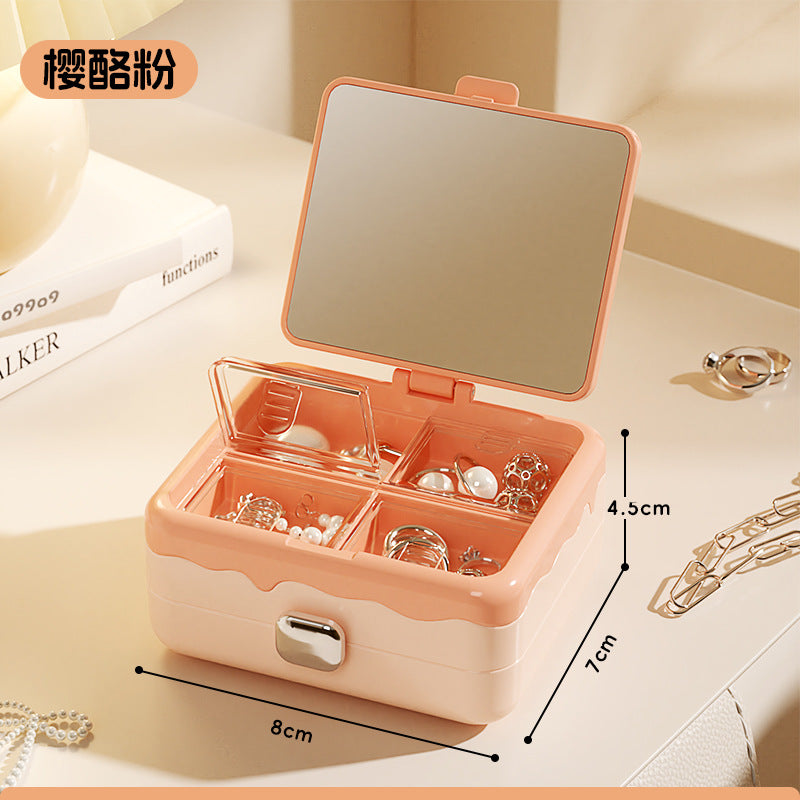 Portable jewelry box mirror organizer - plastic mini home storage jewelry case with glass mirror