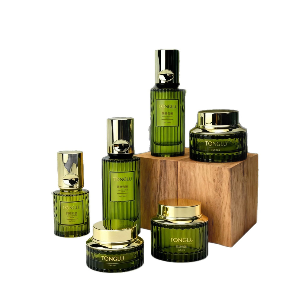 Customizable 120ml skincare set bottles - striped glass pump bottles for lotion and serum - direct from the manufacturer