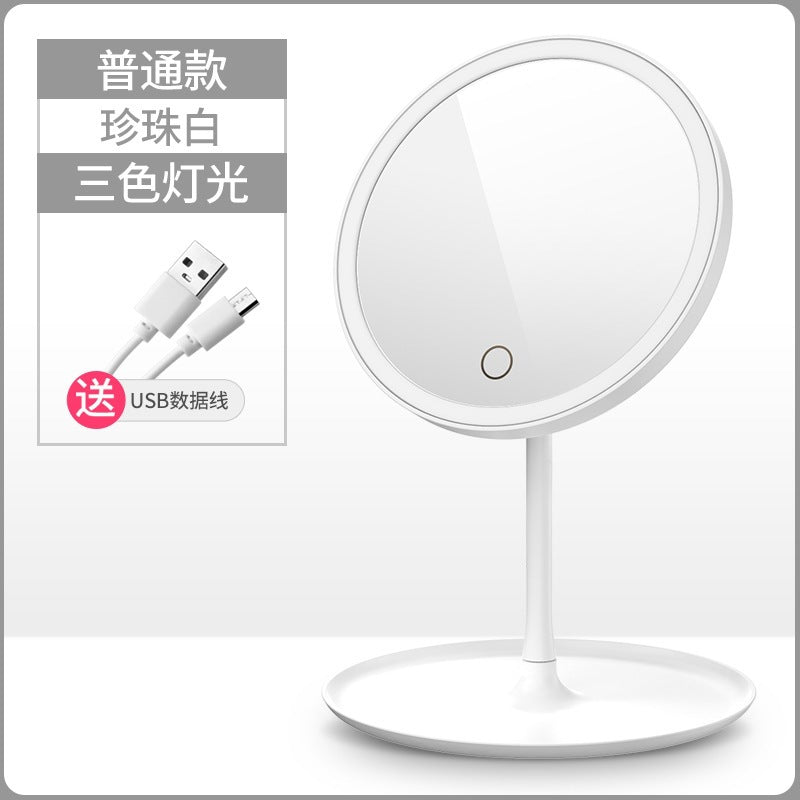 Led lighted makeup mirror, tri-color dimming, usb rechargeable, rotatable storage, girly plastic home glass mirror