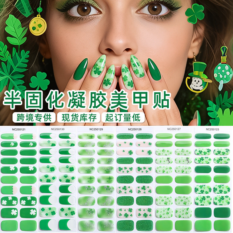 Zhengxiang custom gel nail stickers waterproof st. patrick's day cross-border fashionuv semi-cured nail stickers gel