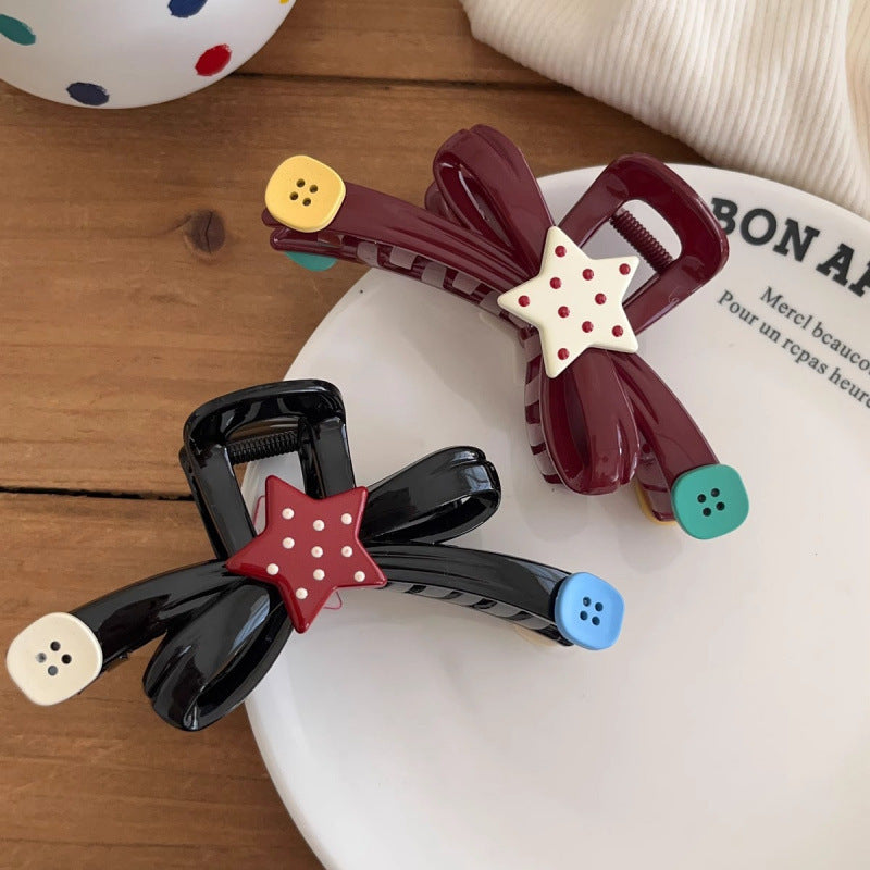 Interesting contrast color polka dot star button clip large bows shark clip half-tied hair clip hair volume hair clip