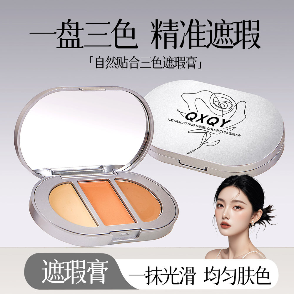 Qxqy natural fit tri-color concealer - glides on smoothly, brightens, covers blemishes, dark circles, and tear troughs - beginner-friendly concealer palette