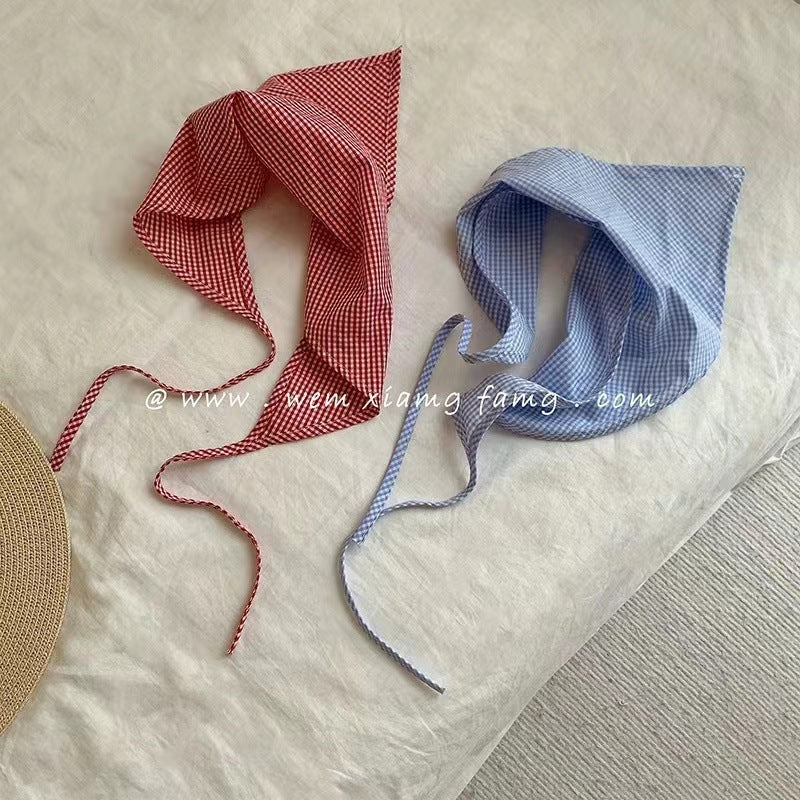 French-style blue plaid bandana, triangle scarf, head wrap for girls, hair tie, women's trendy spring/autumn decorative plaid headband