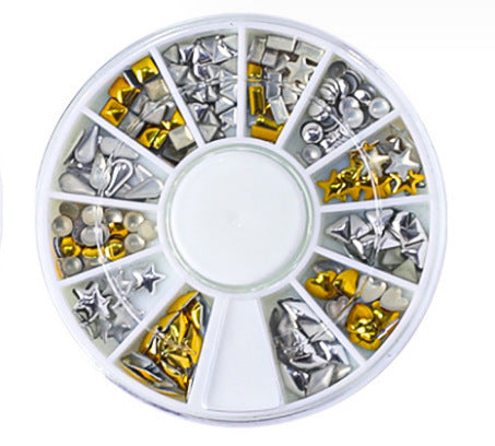 Nail art accessories 12-compartment box set: round disc charms, rhinestones, colored diamonds, pearls, hotfix rhinestones, flatback silver rhinestones - wholesale