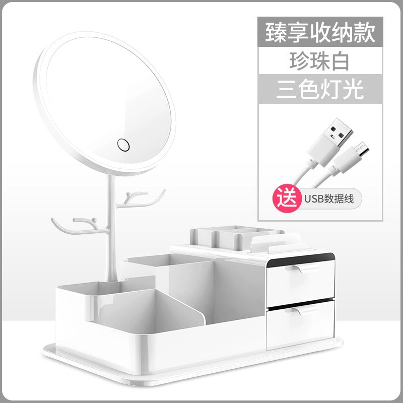 Led lighted makeup mirror, tri-color dimming, usb rechargeable, rotatable storage, girly plastic home glass mirror