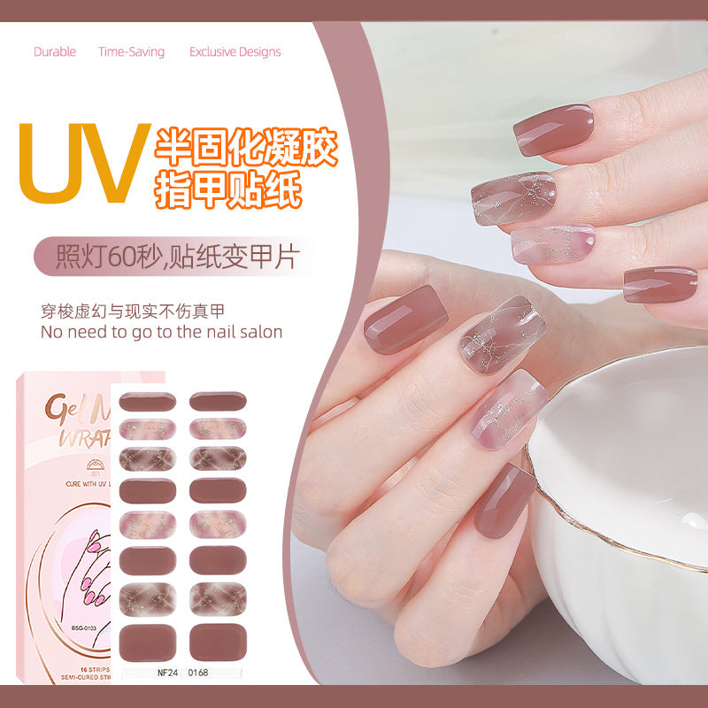 Zhengxiang customized gel manicure stickers gradient onion powder smudged ice transparent cross-border amazon french uv semi-baked nail stickers